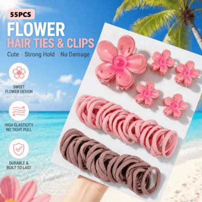 Bộ 55 chiếc dây buộc và kẹp tóc hoa, phụ kiện tóc hoa màu hồng dễ thương, dây buộc và kẹp tóc hoa có độ đàn hồi cao không gây hư tổn, giữ tóc chắc chắn và bền bỉ, lý tưởng cho việc tạo kiểu tóc hàng ngày, đi học, dự tiệc bãi biển, trang phục thường ngày, món quà hoàn hảo cho các bạn gái, thiếu niên và bạn bè.