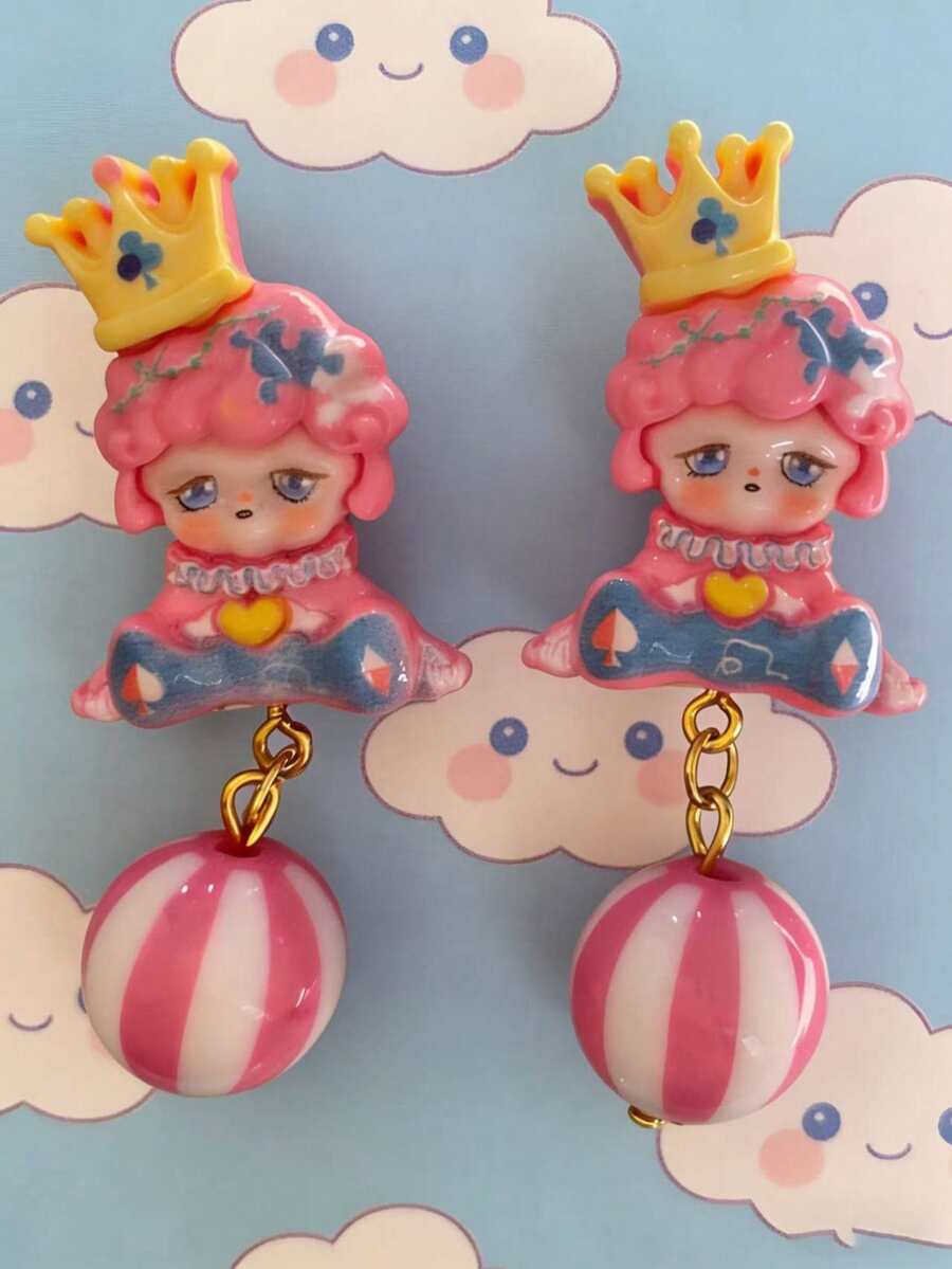 1 Pasang Anting-Anting Gaya Manis dengan Mahkota Rambut Keriting Merah Muda Lucu Cocok untuk Anak Perempuan, Hadiah Kencan Sehari-hari, Aksesoris - MultiWarna - View 1