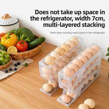 4-Tier Auto-Rolling Egg Holder For Refrigerator, 30 Egg Capacity Fridge Organizer, Slim 7cm (2.8in) Width Space-Saving Egg Storage Tray, Frosted Clear Plastic Egg Dispenser For Kitchen Countertop & Fridge Door, 1PC/2PC - 透明白[4層約30蛋] - 查看 5