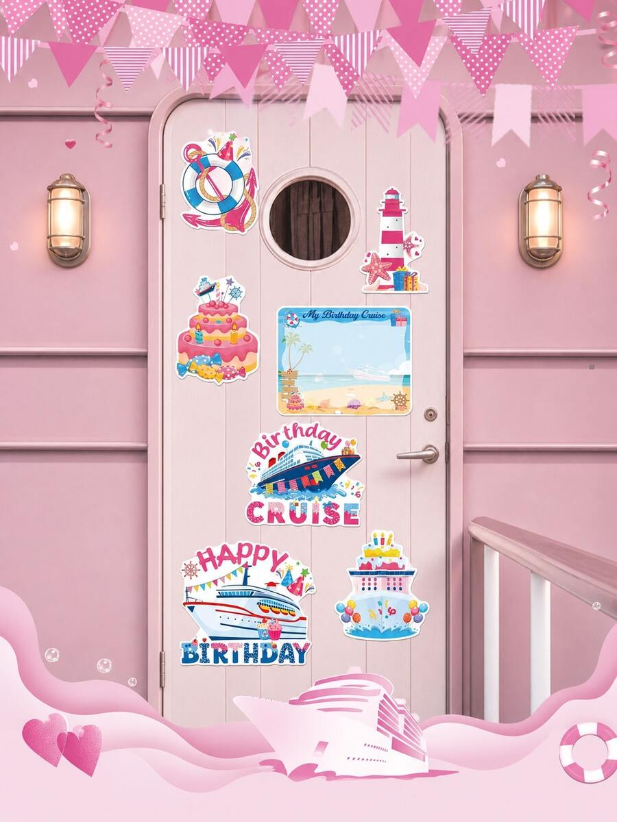 10pcs Pink Cruise Ship Themed Girls Style Birthday Cruise Door Magnet Sticker Set, Includes Party Decoration Pens, Perfect For Cruise Party Decor, Girls Birthday Gift, Cute Themed Magnet Sticker Set - Pink Cruise Ship Refrigerator Magnet - View 1