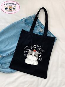 1pc Black Cat Thinking Math Problem Print Canvas Tote Bag, Portable Shopping Bag - Black - View 1
