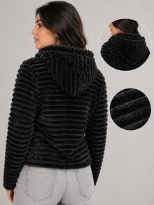 Teddy Coat / Fleece Jacket / Ribbed Fleece Jacket - Black - View 2
