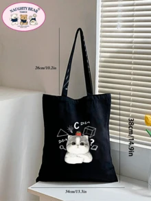 1pc Black Cat Thinking Math Problem Print Canvas Tote Bag, Portable Shopping Bag - Black - View 2