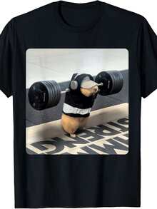 Unisex T-Shirt Made Of Pure Cotton, Hamster Gym Squad Funny Cute Rat Weightlifting Leg Day T-Shirt, T-Shirts With Funny Sayings For Men, Summer T-Shirt, Blouse, Basic Tops, Tops, Creative Design, Outdoor Play, Cool Style, Fun Design, Great For Outdoor Play - Black - View 1
