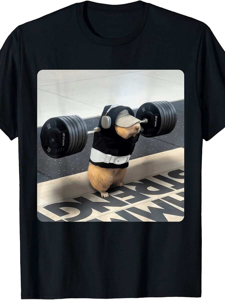 Unisex T-Shirt Made Of Pure Cotton, Hamster Gym Squad Funny Cute Rat Weightlifting Leg Day T-Shirt, T-Shirts With Funny Sayings For Men, Summer T-Shirt, Blouse, Basic Tops, Tops, Creative Design, Outdoor Play, Cool Style, Fun Design, Great For Outdoor Play - Black - View 1