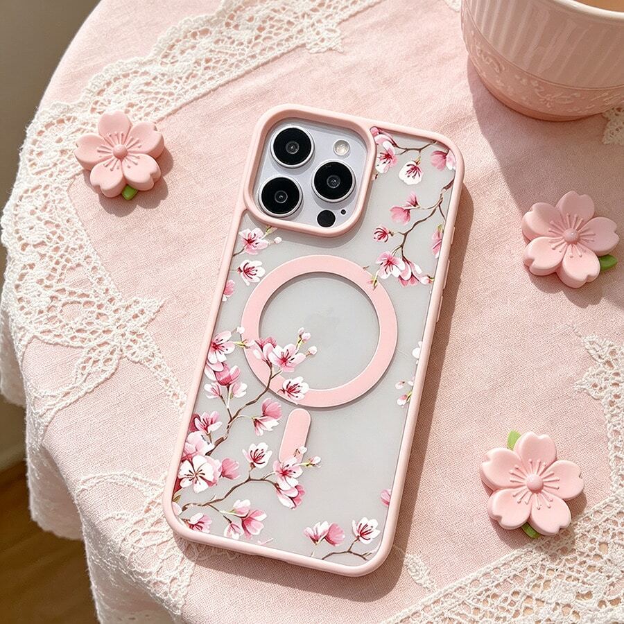 Pink Cherry Blossoms Elegant Floral Background Element Design Pink Magnetic Phone Case For IPhone 16/15/14/13/12/11/X/XS - Slim TPU Protective Cover, Anti-Slip & Scratch Resistant | Perfect Birthday Present For Her | Summer Gift Idea - Pink - View 1