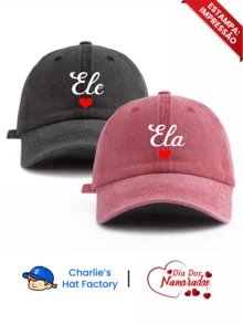 2pcs "Ele & Ela" Heart Print Washed Baseball Cap, Couple Style Multiple Colors Retro Design, Valentine's Day Couple Gift, Valentine's Day Travel Accessory,Beach,Festival - Ela & Ele - View 13