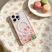 Pink Tulip Flower Pattern-Magnetic Phone Case For IPhone 17/16/15/14/13/12/11/X/XS/ Galaxy Phone Cases-Slim TPU Protective Cover, Anti-Slip & Scratch Resistant | Perfect Birthday Present For Her | Summer Gift Idea - Pink - View 2