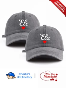 2pcs "Ele & Ela" Heart Print Washed Baseball Cap, Couple Style Multiple Colors Retro Design, Valentine's Day Couple Gift, Valentine's Day Travel Accessory,Beach,Festival - Ela & Ele - View 9