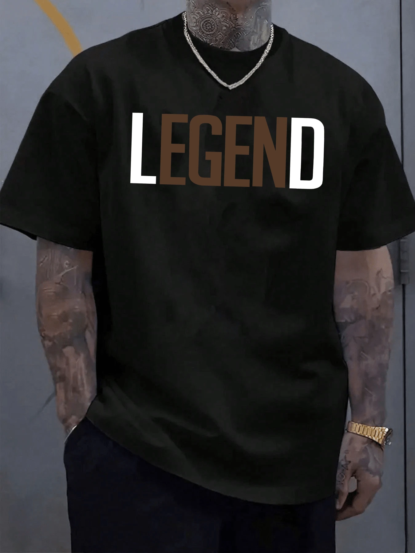 Men'S Short-Sleeve T-Shirt With Love Letter LEGEND Print Comfortable And Casual Featuring A Stretchy Neckline Suitable For Outdoor Activities For Men - 黑色-1 - 查看 1