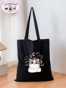 1pc Black Cat Thinking Math Problem Print Canvas Tote Bag, Portable Shopping Bag - Black - View 3