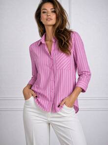 Women's Long-Sleeved Striped Linen Shirt, Brightly Colored - Púrpura malva - Ver 1