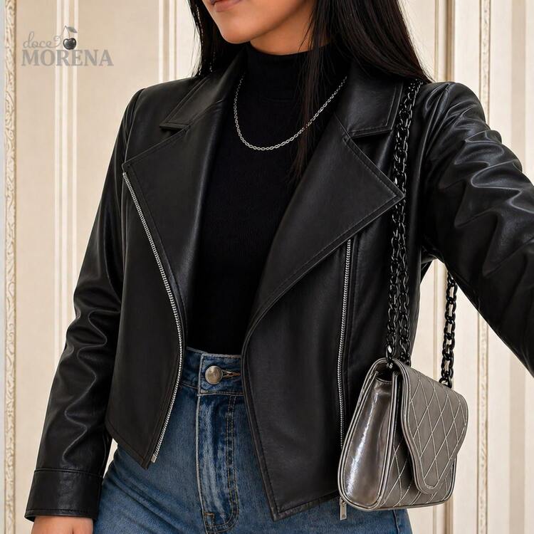 Jaqueta Cropped Feminina Estilo Couro – Perfeita para São João, Rodeio e Exposição | Look Chic Outono Inverno - Preto - Visão 1