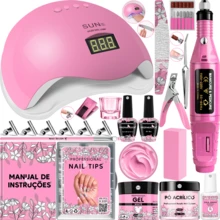 Kit Unha Gel Completo Cabine Sun 5 48W Lixadeira Caneta Pedicure e Manicure Alongamento Extensão Unhas Porcelana Acrigel - Rosa chiclete - Visão 7