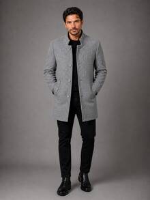 Men's Overcoat, Felted Wool, High Collar. - 淺灰色 - 查看 1