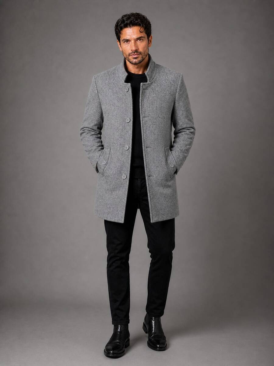 Men's Overcoat, Felted Wool, High Collar. - 淺灰色 - 查看 1