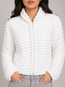 Teddy Coat / Fleece Jacket / Ribbed Fleece Jacket - White - View 1