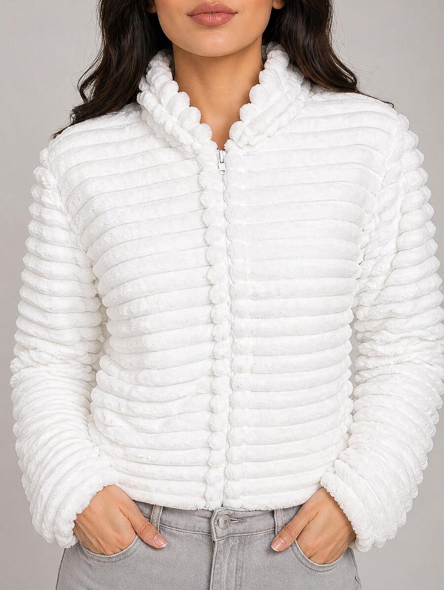 Teddy Coat / Fleece Jacket / Ribbed Fleece Jacket - White - View 1