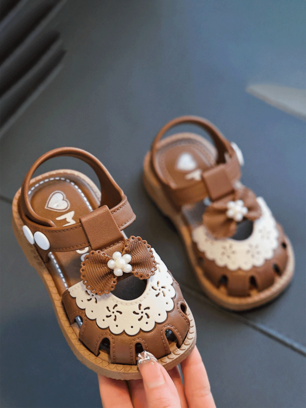 1 Pair Toddler Cute Bow Decor Hook And Loop Design Soft Sole Comfortable Multipurpose Beach Sandals, Summer, Suitable For 0-3 Years Old Babies