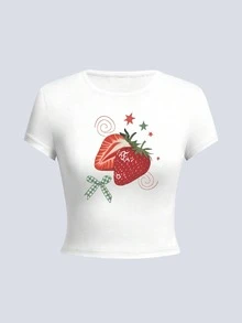 Women's Strawberry Bow Print Short Sleeve Cropped Top Set, Elegant Cute Fitted Casual Blouse, Round Neck Daily Wear White Summer - White - View 2