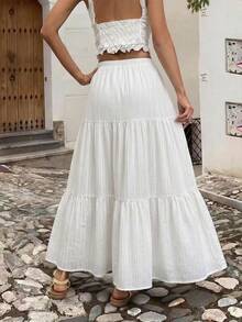 Chân váy dài màu trắng trơn, chất liệu polyester, cạp chun, có họa tiết, kiểu dáng suông, thoải mái, có dây rút, thanh lịch, phù hợp cho công sở, hàng ngày, du lịch, mùa xuân/hè/thu. - trắng - Xem 2