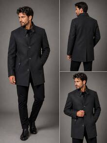 Men's Overcoat, Felted Wool, High Collar. - 黑色 - 查看 3
