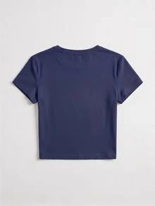 Áo thun nữ tay ngắn cổ tròn ôm dáng, chất liệu mềm mại, thoải mái, có thể giặt máy, áo croptop mùa hè. - Màu xanh hải quân - Xem 7