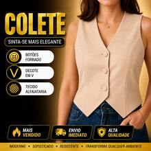 Colete Feminino Alfaiataria Botões Encapados na frente elegante Casual Assimétrico Escritório Férias - Preto - Visão 2