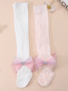 2 đôi quần tất lưới ombre nơ cho bé gái, quần legging nhẹ thoáng khí cho bé, tất cổ chân kiểu công chúa đa năng cho trẻ em, mùa xuân/hè. - Nhiều màu - Xem 2