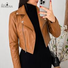 Women's Cropped Faux Leather Jacket With Zipper – Look For São João, Rodeo, Exhibition, Autumn/Winter, Elegant, Casual, Fashion 2026 - 駝色 - 查看 2