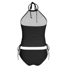 Women's Halter Neck Crop Tankini Top With Heart Print And Drawstring Detail, Casual Hipster Bikini Swimsuit - Black - View 3