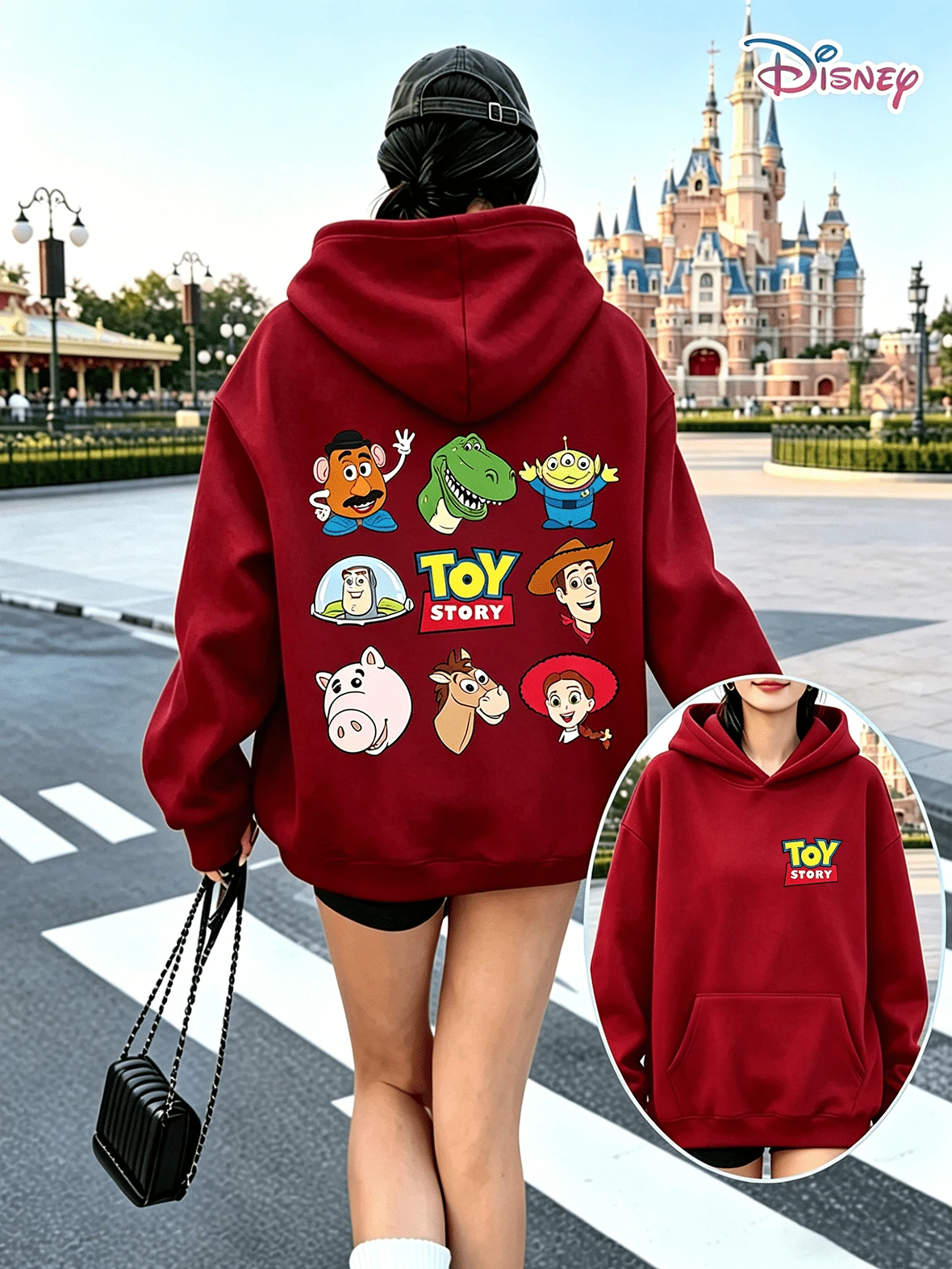 Disney Toy Story Y2K Printed Sweatshirt "TOY STORY" - A Fun, Loose-Fitting Top With A Casual Print, Perfect For A Versatile Holiday Gift. (Women's Autumn/Winter Clothing/Elegant Women's Outfits/Patterned Hoodies/Printed Tops/Casual Outfits For Women/Women Trending Now/Holiday Co-Ord) - Đỏ - Xem 1