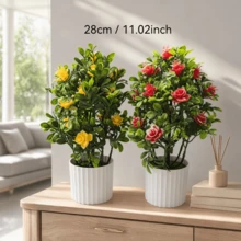 1pc Artificial Potted Flower Plant, Fake Bonsai With White Planter, Faux Greenery Decor For Living Room, Bedroom, Office - Yellow - View 5