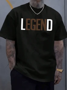 Men'S Short-Sleeve T-Shirt With Love Letter LEGEND Print Comfortable And Casual Featuring A Stretchy Neckline Suitable For Outdoor Activities For Men - 黑色-1 - 查看 12
