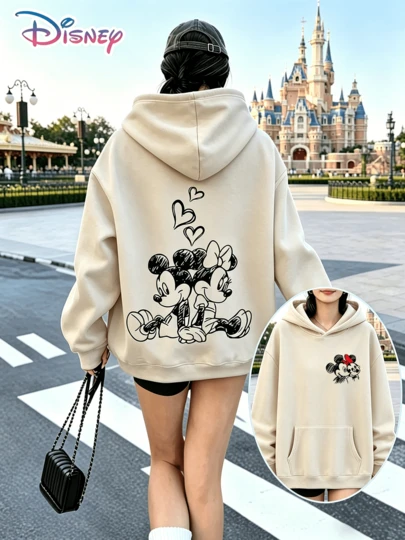  Disney Y2K Style Printed Sweatshirt, Retro Mickey And Minnie Heart Pattern Hooded Top, Off-White Soft Color, Perfect For A Holiday Gift. (Women's Autumn/Winter Clothing/Elegant Women's Outfits/Patterned Hoodies/Printed Tops/Casual Outfits For Women/Women Trending Now/Holiday Co-Ord/Plus Size Friendly)