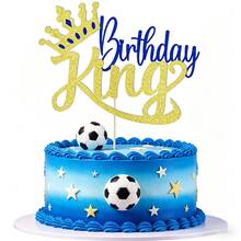 1pc Glitter Birthday King Cake Topper With Crown Design, Sparkling Sports Theme Cake Decoration For B*Ys Birthday, Shiny Party Dessert Table Supplies - Multicolor - View 7