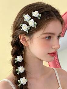 Set de 7 piezas de pinzas para el cabello con flores de tela de estilo fresco, pinzas para el flequillo lateral suave, pinzas para el cabello con flores de rosa de tela, pinzas minimalistas para el flequillo diario de niña - A - Ver 1