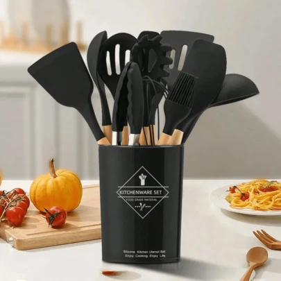 Kit C/12 Utensílios De Cozinha Silicone Cabo Madeira