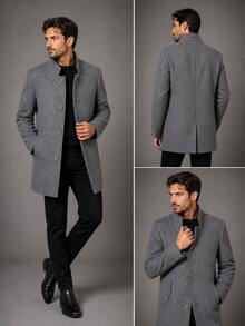 Men's Overcoat, Felted Wool, High Collar. - 深灰色 - 查看 3
