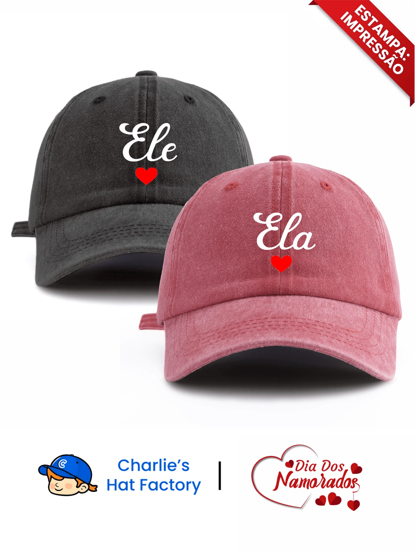 2pcs "Ele & Ela" Heart Print Washed Baseball Cap, Couple Style Multiple Colors Retro Design, Valentine's Day Couple Gift, Valentine's Day Travel Accessory,Beach,Festival