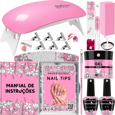 Kit Alongamento de Unha Gel Cabine Estufa Sun Mini 6w + Top Coat + Primer + 100 Unhas Tips / Acrigel / Porcelana