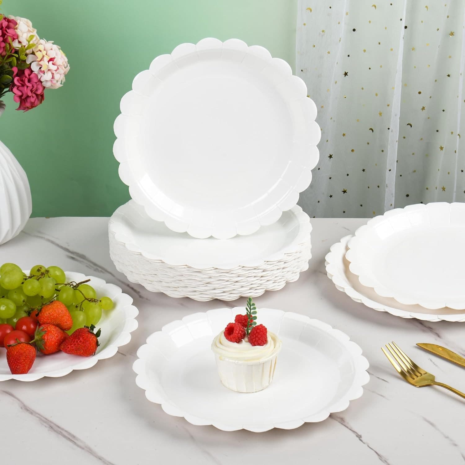 20 chiếc đĩa giấy trắng viền lượn sóng 9 inch / 7 inch, đĩa đựng bánh dùng một lần màu trắng cho tiệc mừng em bé, sinh nhật, đám cưới, tiệc cô dâu. - trắng - Xem 1