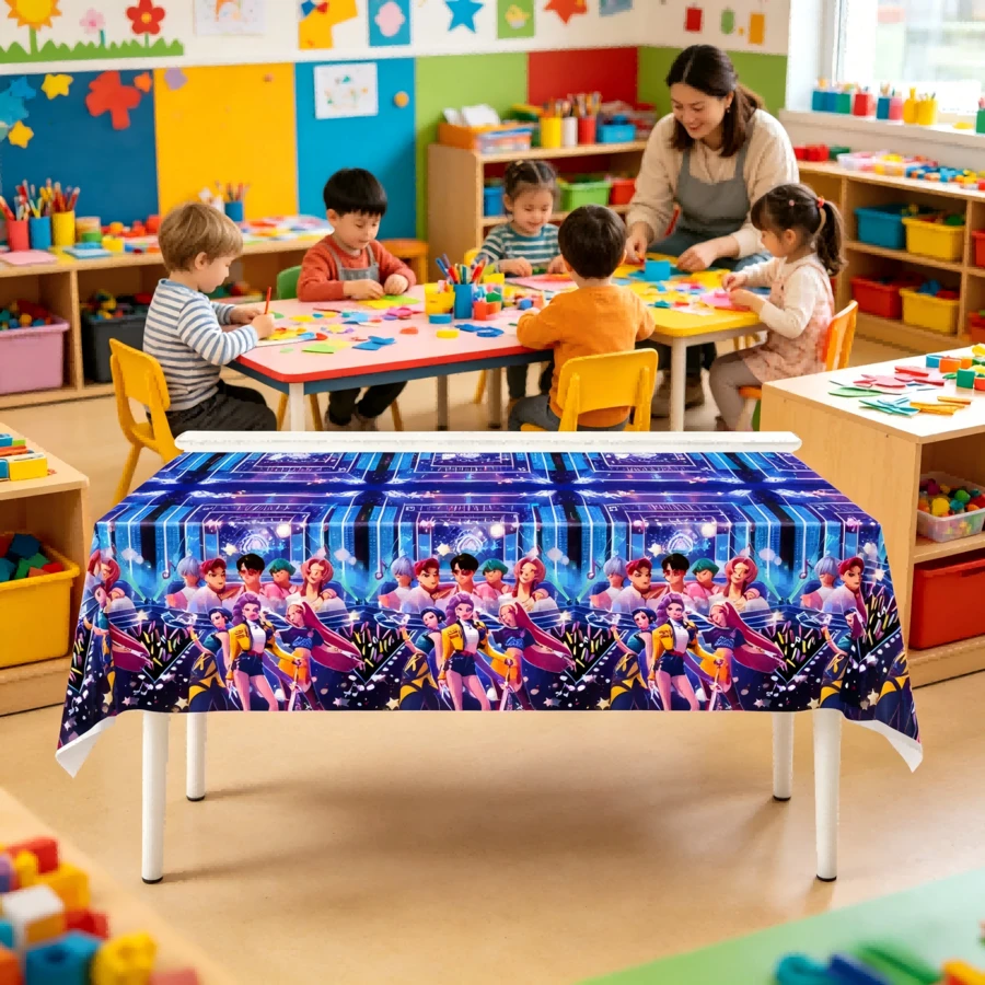 1 pieza Mantel de fiesta de concierto de estrella K-POP, mantel rectangular con estampado fluorescente azul de escenario, adecuado para fiesta de cumpleaños de fans de K-POP y decoración de fiesta temática - Multicolor - Ver 1