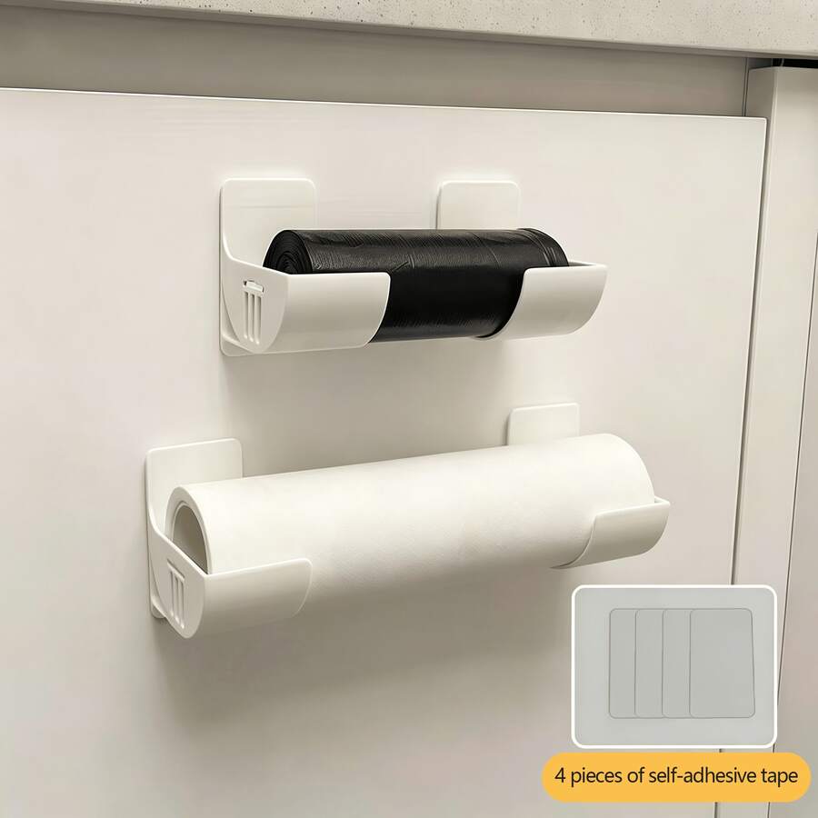4pcs Plastic No-Drill Storage Racks, Refrigerator Side Organizer Racks, Can Hold Cling Wrap & Trash Bags, Cabinet Shelves - White - View 1