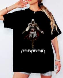 Assassin's Creed Ezio Auditore Character T-Shirt, Assassin Silhouette Print, Unisex Casual Gamer Top - Black - View 7