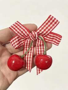 2 pièces Clips à cheveux nœud papillon à carreaux rétro avec cerise, clips à cheveux nœud papillon à carreaux mignons avec pendentif cerise, clips à cheveux décoratifs de tous les jours pour filles - A - Voir 4