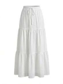 Chân váy dài màu trắng trơn, chất liệu polyester, cạp chun, có họa tiết, kiểu dáng suông, thoải mái, có dây rút, thanh lịch, phù hợp cho công sở, hàng ngày, du lịch, mùa xuân/hè/thu. - trắng - Xem 6
