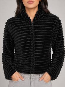 Teddy Coat / Fleece Jacket / Ribbed Fleece Jacket - Black - View 1
