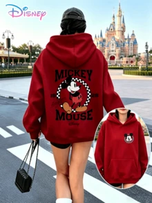 Disney Classic Series Y2K Printed Sweatshirt, Mickey Mouse Signature Retro Fun Print Loose Fit Top, Casual And Versatile, Perfect For Holiday Gifts. (Women's Autumn/Winter Clothing/Elegant Women's Outfits/Patterned Hoodies/Printed Tops/Casual Outfits For Women/Women Trending Now/Holiday Co-Ord) - Đỏ - Xem 1
