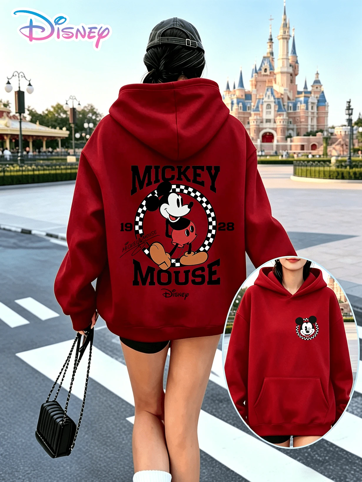 Disney Classic Series Y2K Printed Sweatshirt, Mickey Mouse Signature Retro Fun Print Loose Fit Top, Casual And Versatile, Perfect For Holiday Gifts. (Women's Autumn/Winter Clothing/Elegant Women's Outfits/Patterned Hoodies/Printed Tops/Casual Outfits For Women/Women Trending Now/Holiday Co-Ord) - Đỏ - Xem 1